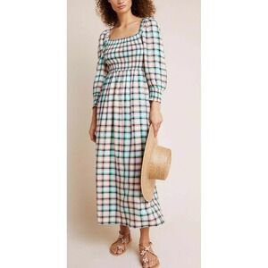 Maeve Anthropologie Cerie Smocked Maxi Dress Preppy Multi Gingham Plaid Small‎